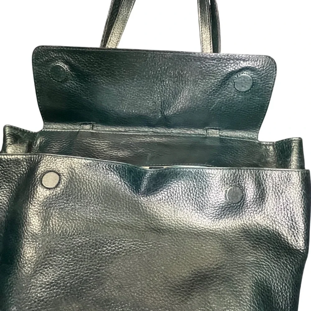 Latico Dark Teal Leather Tote Shoulder Bag Flap Closure‎ Geometric Lining